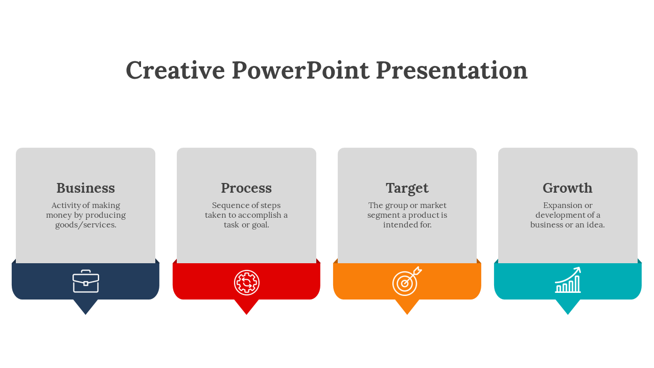 Creative slide outlining key business elements from to growth, with associated colored icons and text description.