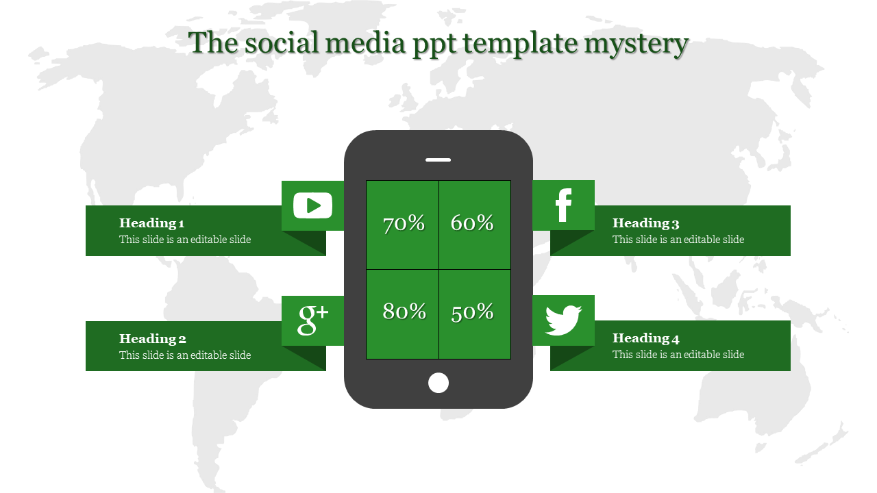 Slide with a world map background, featuring a black phone with four green percentage panels, and social media icons.