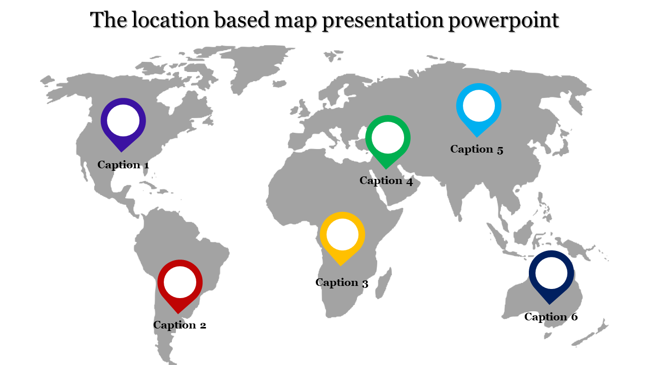 World map PowerPoint slide with six colored location markers labeled with captions.