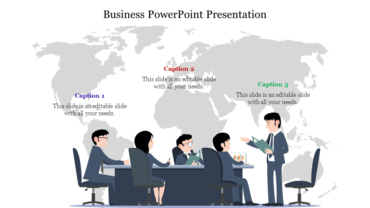 Business PowerPoint slide showing a team discussion around a table with a global map background and captions.