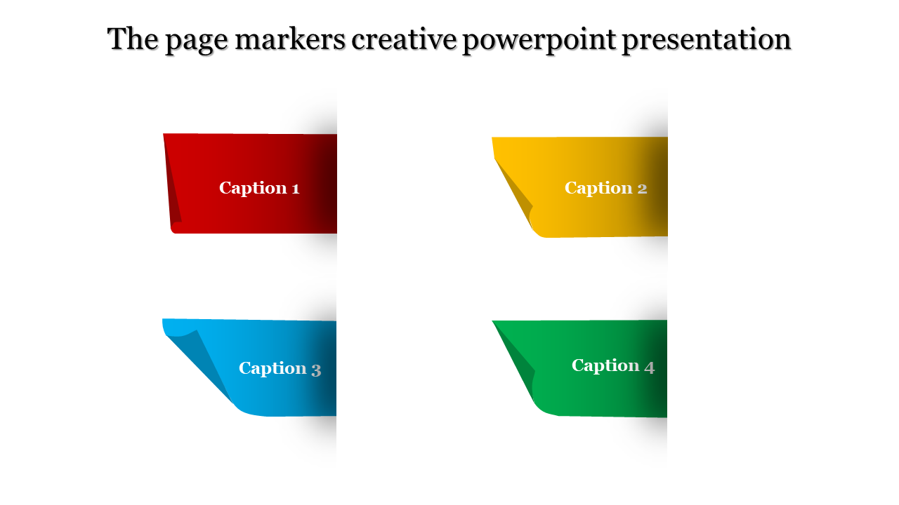 Four colorful page markers in red, yellow, blue, and green, with captions in a two column layout on a white background.