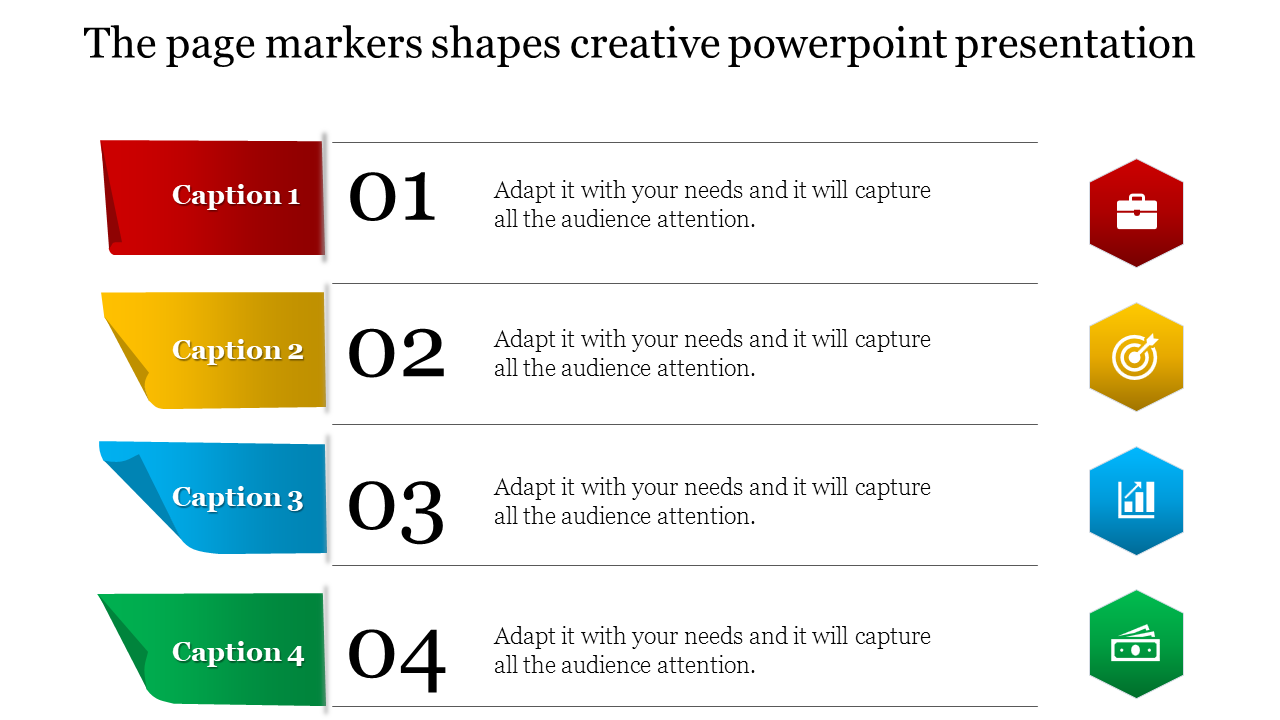 Creative PowerPoint slide with four colorful sections labeled Caption 1 to 4, each with an icon.