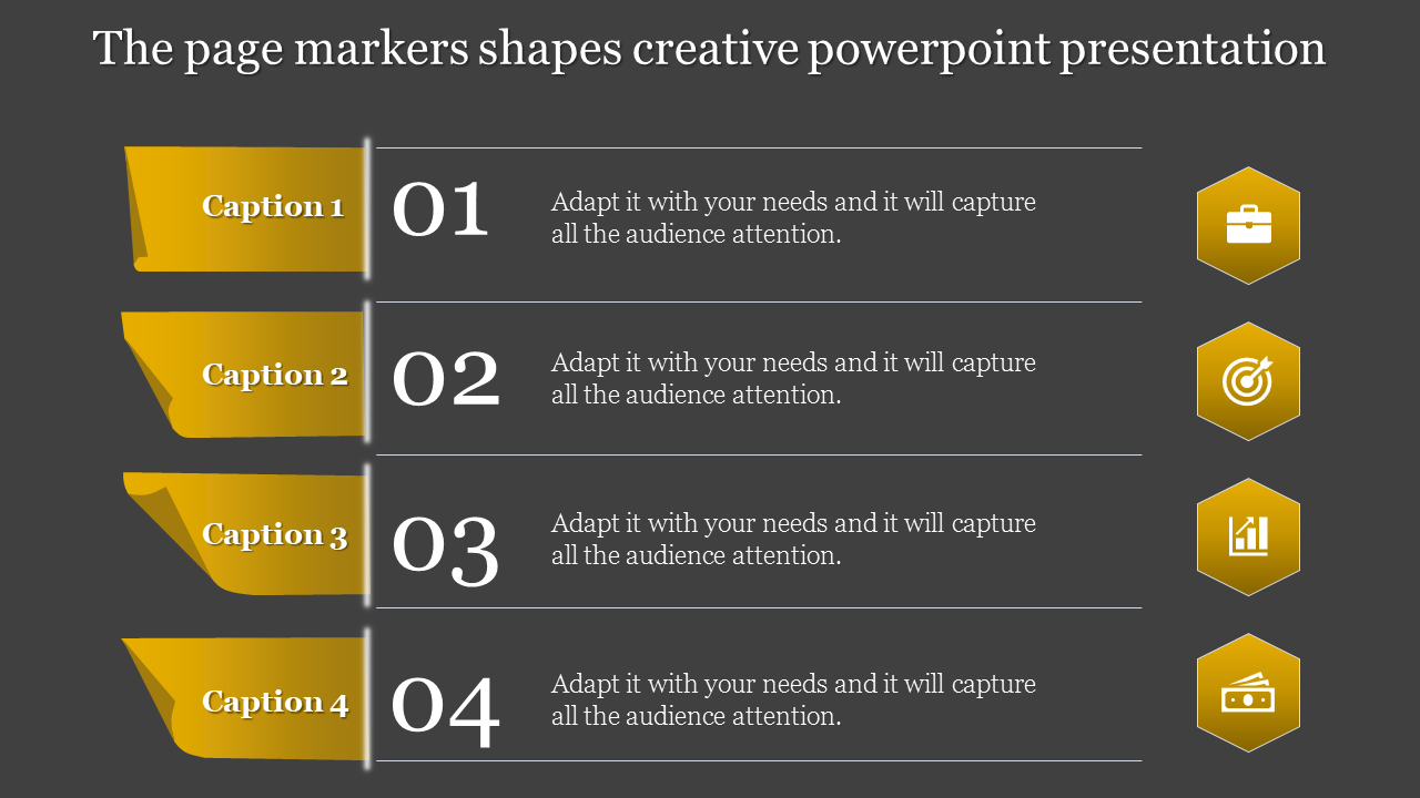 A creative PowerPoint slide with four numbered steps, each with a yellow icon and a caption.