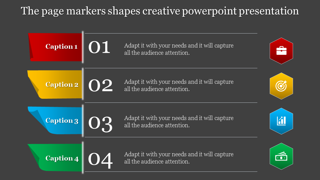 Dark themed slide with red, yellow, blue, and green markers, numbered captions, and matching hexagonal icons.