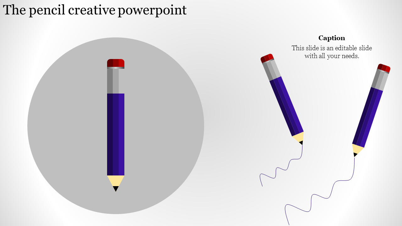 Creative layout with blue pencils on a large gray circle, and a gradient white background with flowing black lines.