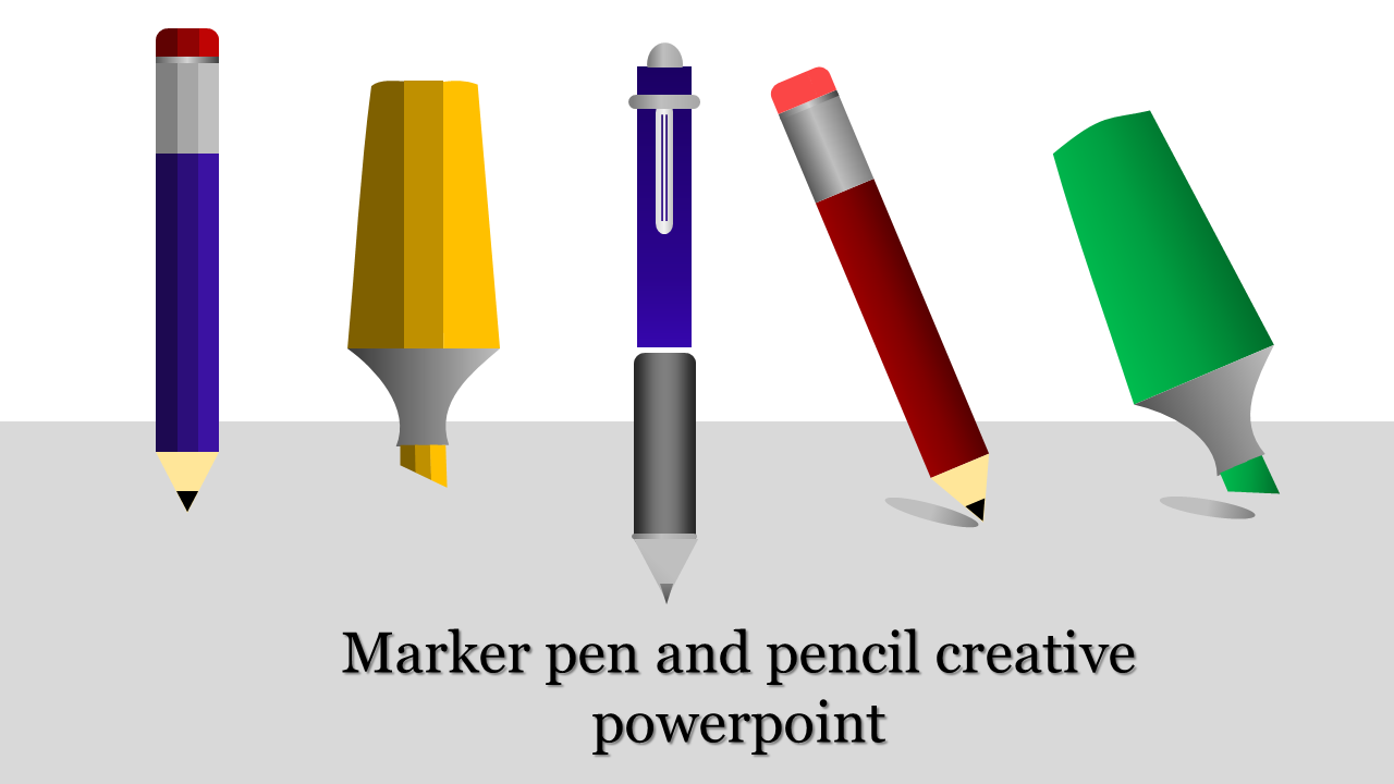 Illustration of a pencil, highlighter, pen, and marker arranged above the text marker pen and pencil creative slide.