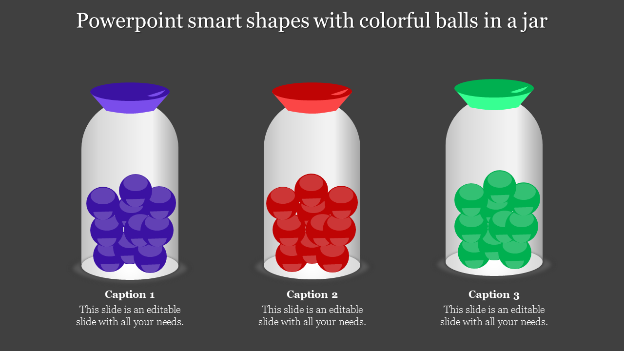 A smart shaped PPT slide with three transparent jars filled with different colored balls, representing data points.