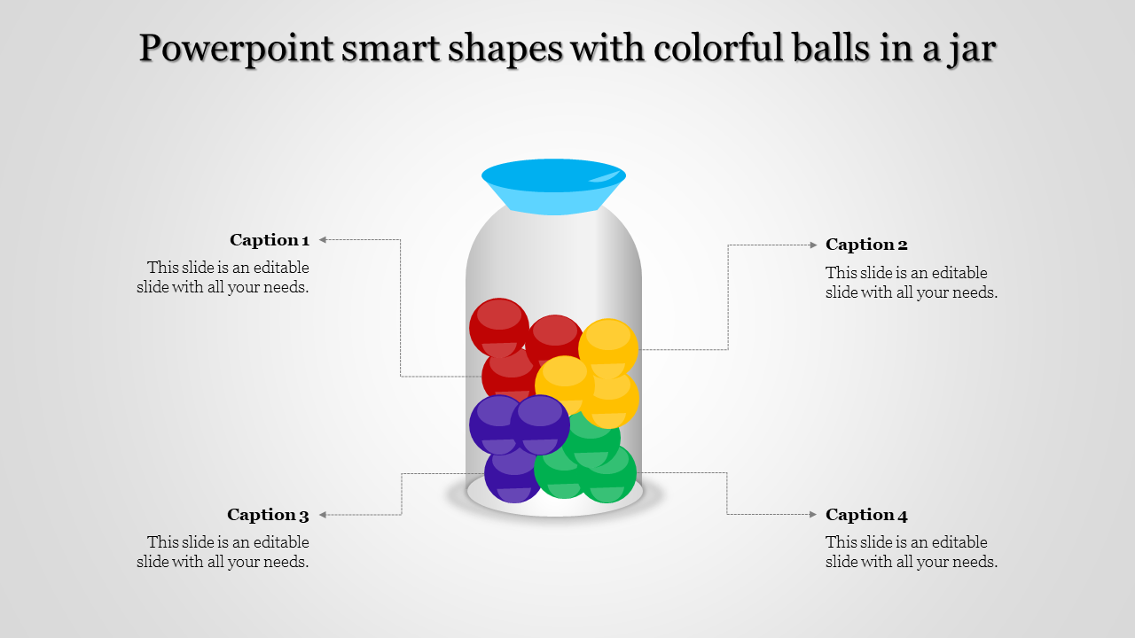 PowerPoint template featuring smart shapes and colorful balls inside a jar with captions.