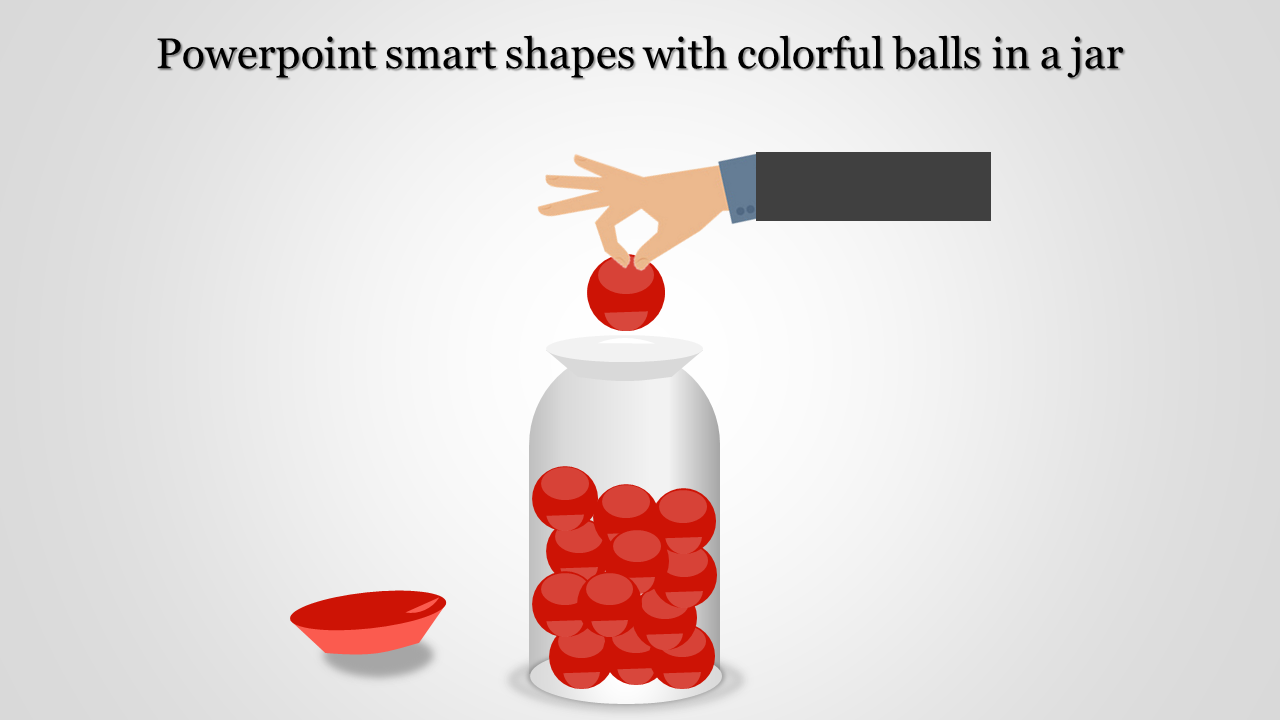 Smart shape design featuring a hand adding a red ball to a jar of red balls, in a PowerPoint template.