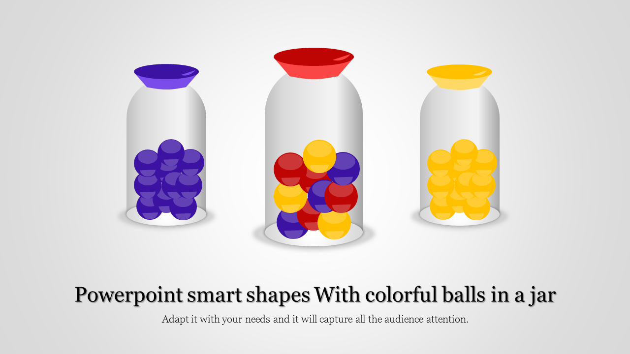 Three jars with differently colored balls, capped in purple, red, and yellow lids, on a gray gradient background.