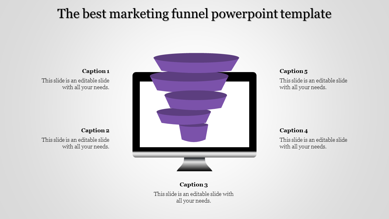 Marketing funnel PowerPoint template with a purple gradient funnel displayed on a monitor graphic and surrounded by captions.