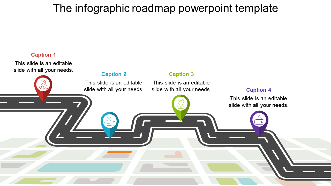 Infographic roadmap slide illustrating a winding road with milestones, representing a journey with key points.