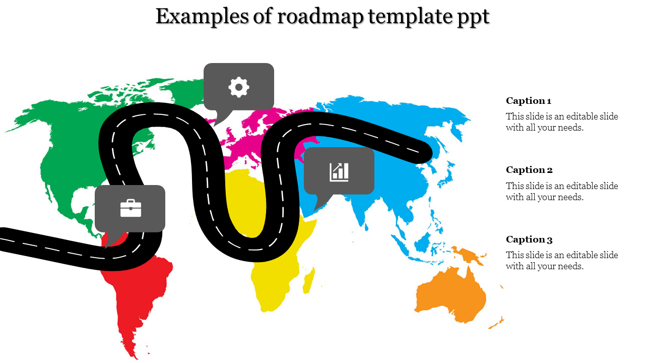 Roadmap graphic with a curved road and milestone icons on a vibrant multicolored world map background.