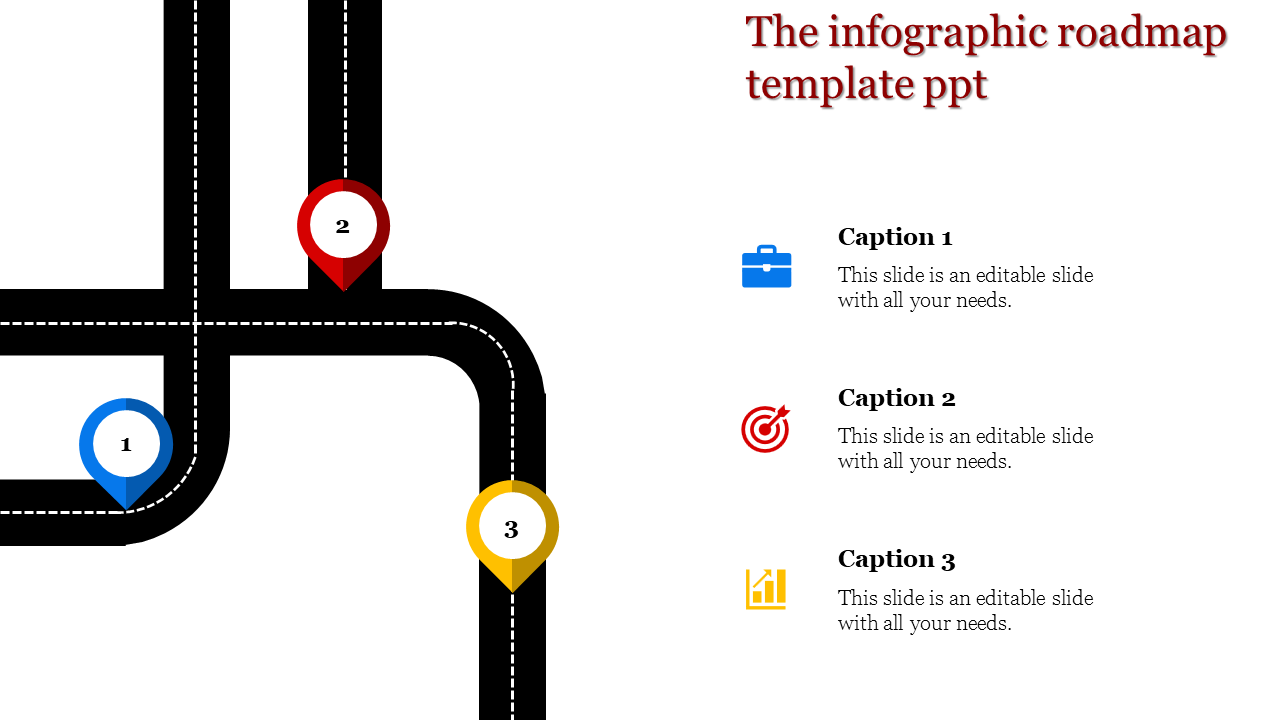 Roadmap infographic slide with a black pathway and numbered markers in blue, red, and yellow for step by step presentations.