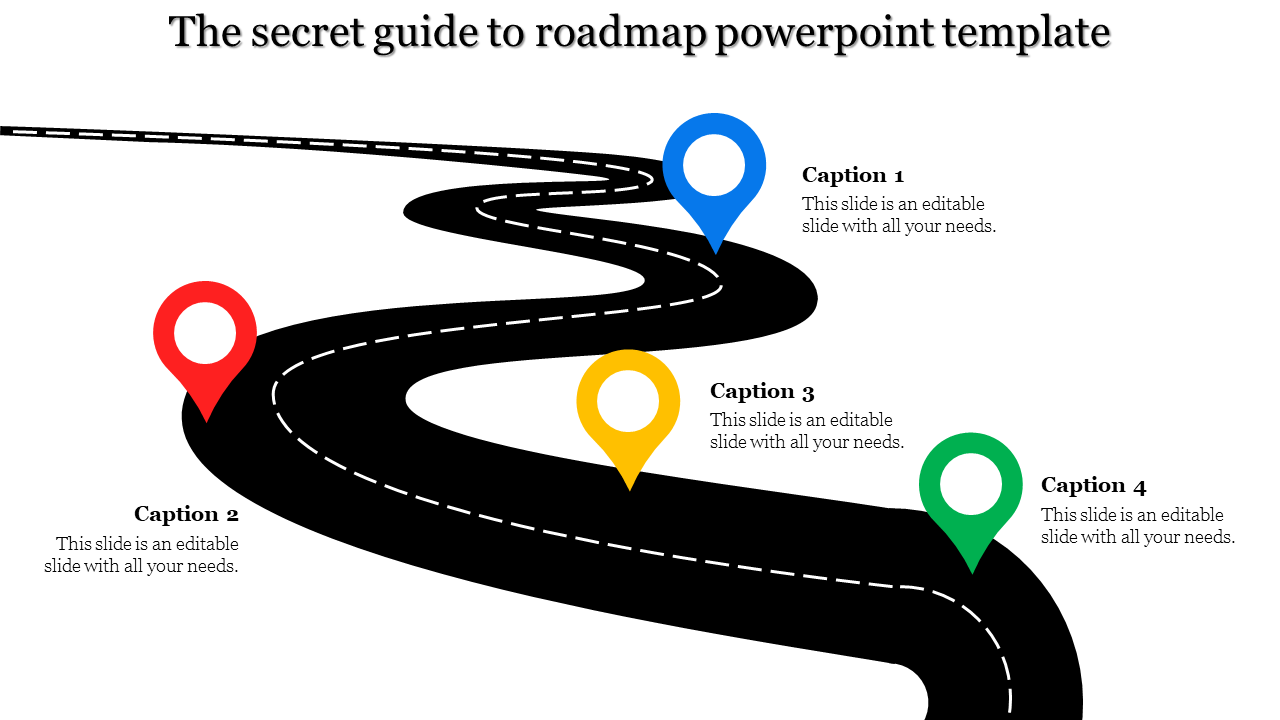 Curved roadmap slide with a winding road design and four colorful location markers for text captions.