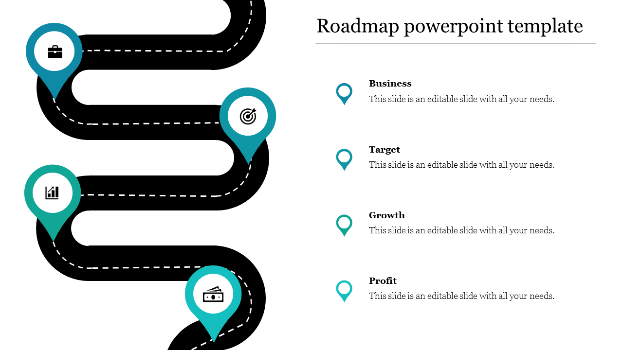 Visual roadmap with pin markers indicating business progress stages with three caption areas.