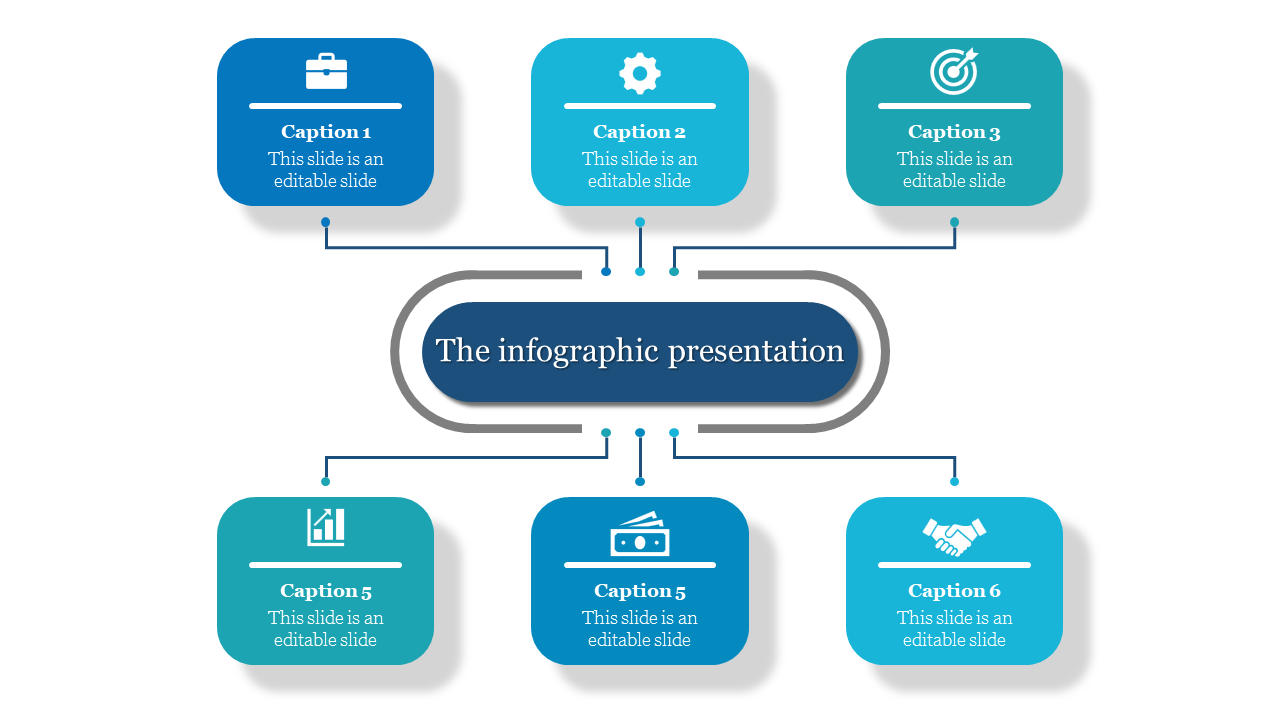 Central text box connected to six rounded rectangles with icons and captions in blue and teal theme.