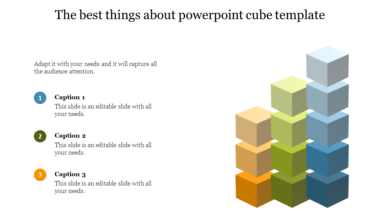 Three stacks of 3D cubes in yellow, green, and blue with matching captions listed on the left.