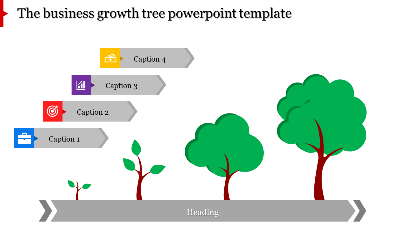 Four gray arrows with colorful icons on the left and green trees in growth stages on a white background.