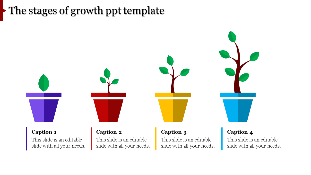 Four pots in purple, red, yellow, and blue, each showing a plant growth stages from seedling to sapling.