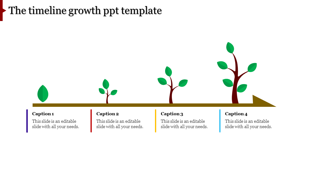 A timeline growth template showing the stages of plant growth with four captions illustrating key milestones.