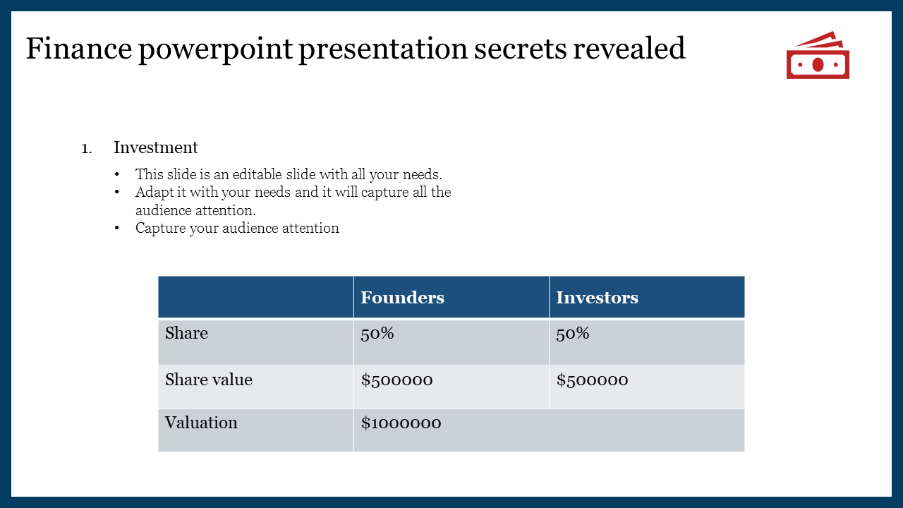 Financial slide featuring a comparison table of founders and investors with share details and valuation.