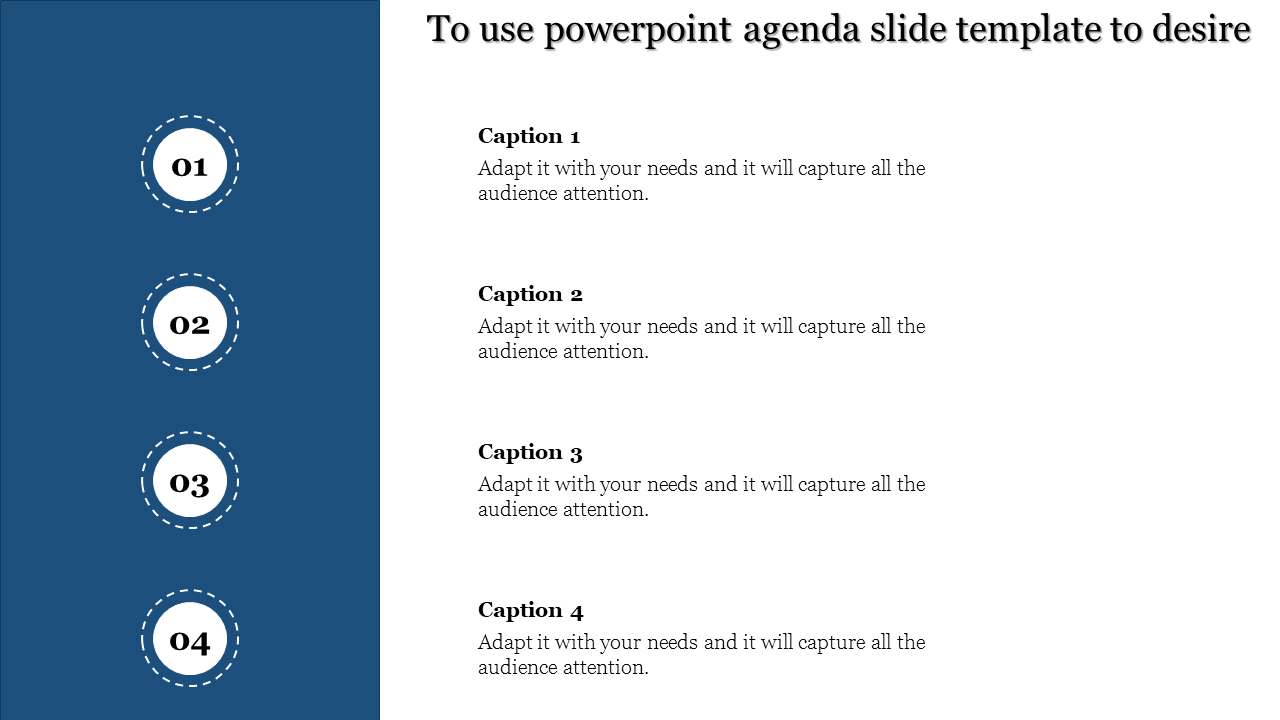 Agenda template with four numbered circles on the left in a blue strip and placeholder text areas on the right.