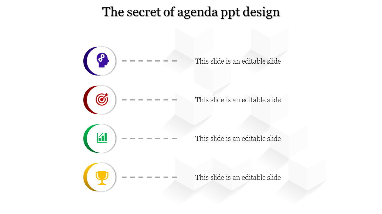 Four agenda points featuring circular icons in purple, red, green, and yellow, connected to text areas with dashed lines.