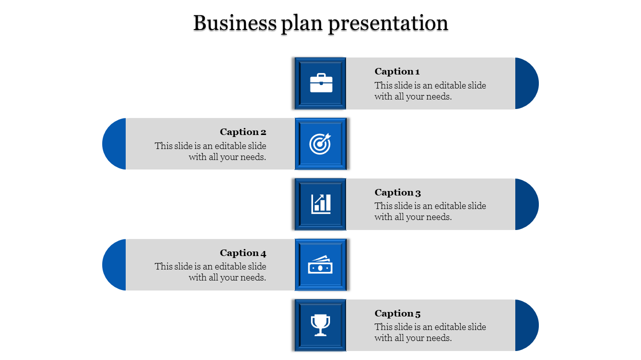 Modern business plan infographic with five horizontal banners, blue icons in framed squares, and caption areas.