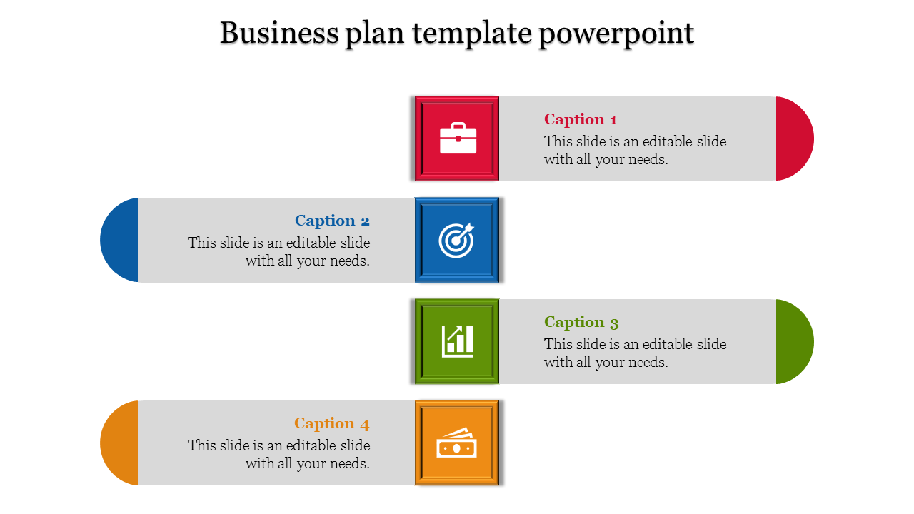 Business plan slide in different colours icons for briefcase, target, bar chart, and wallet with captions areas.