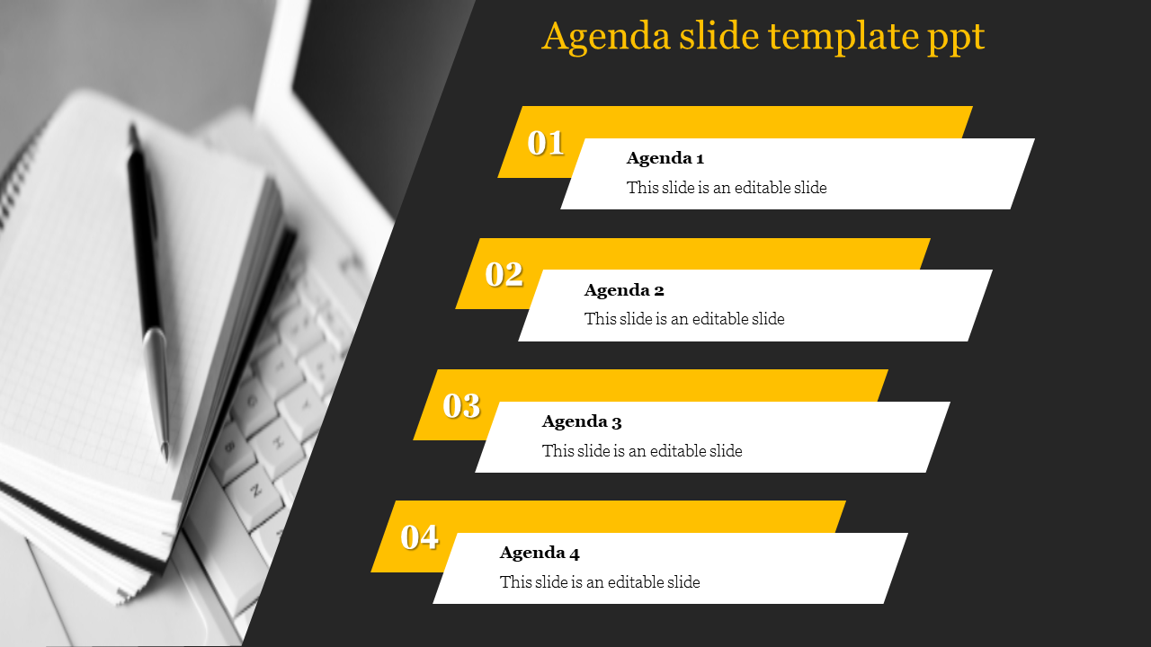 Agenda slide with four sections, each numbered and containing content boxes in a sleek design.