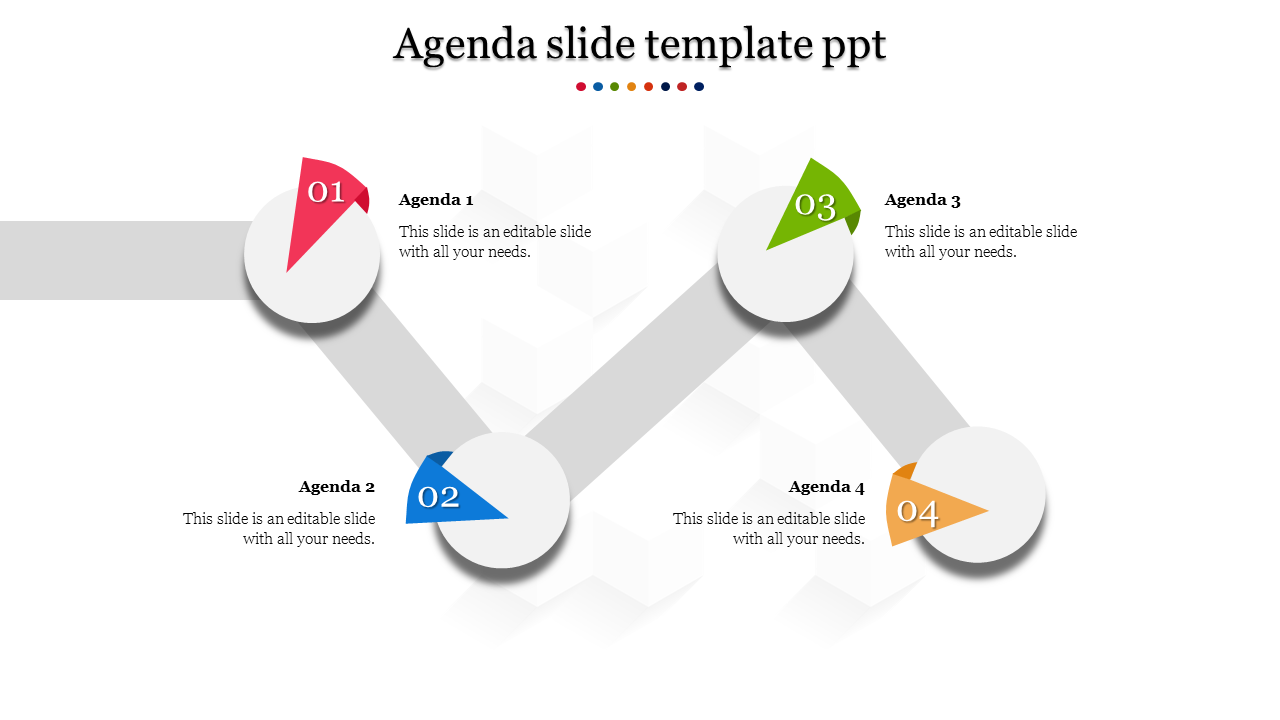 Agenda PPT slide with four numbered steps and colorful triangular markers with placeholder text.