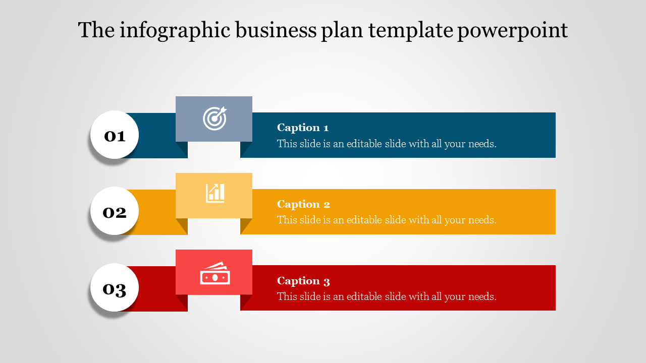 Business plan infographic with sequential steps, each marked with circular icons for target, growth, and financial aspects.