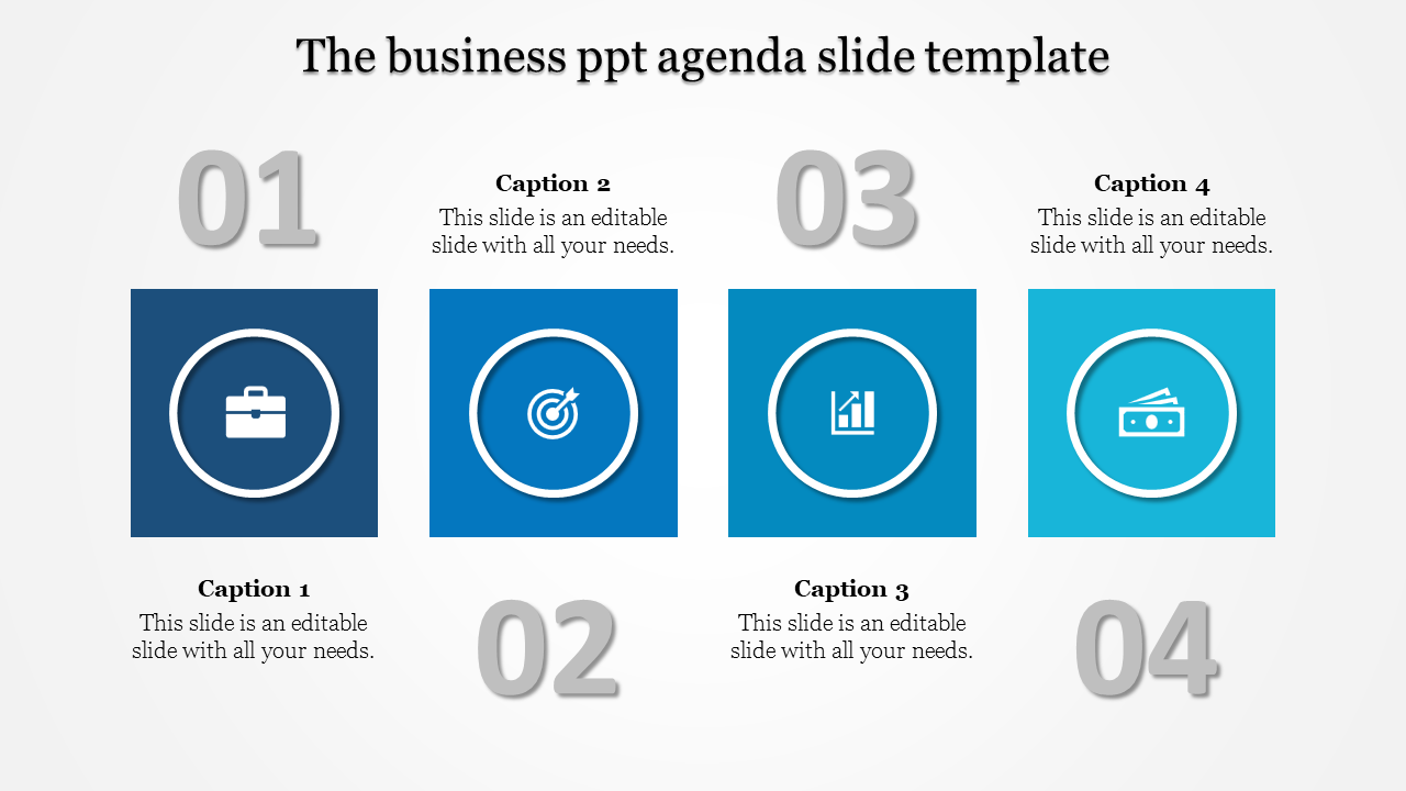 Four step business agenda slide with blue square icons and large gray numbers on a white background.