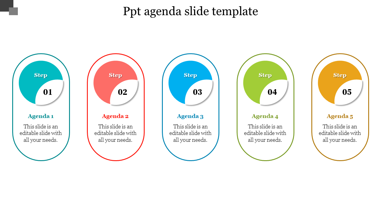 Agenda template with five steps in vibrant ovals, each representing a different agenda item, paired with  caption areas.