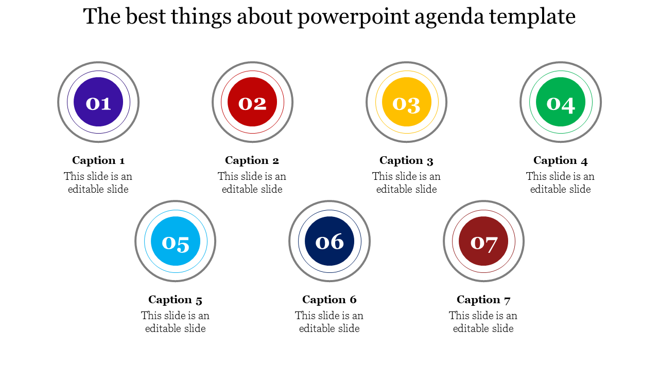 Agenda slide featuring seven colored numbered circles (01 to 07), each with matching captions areas.