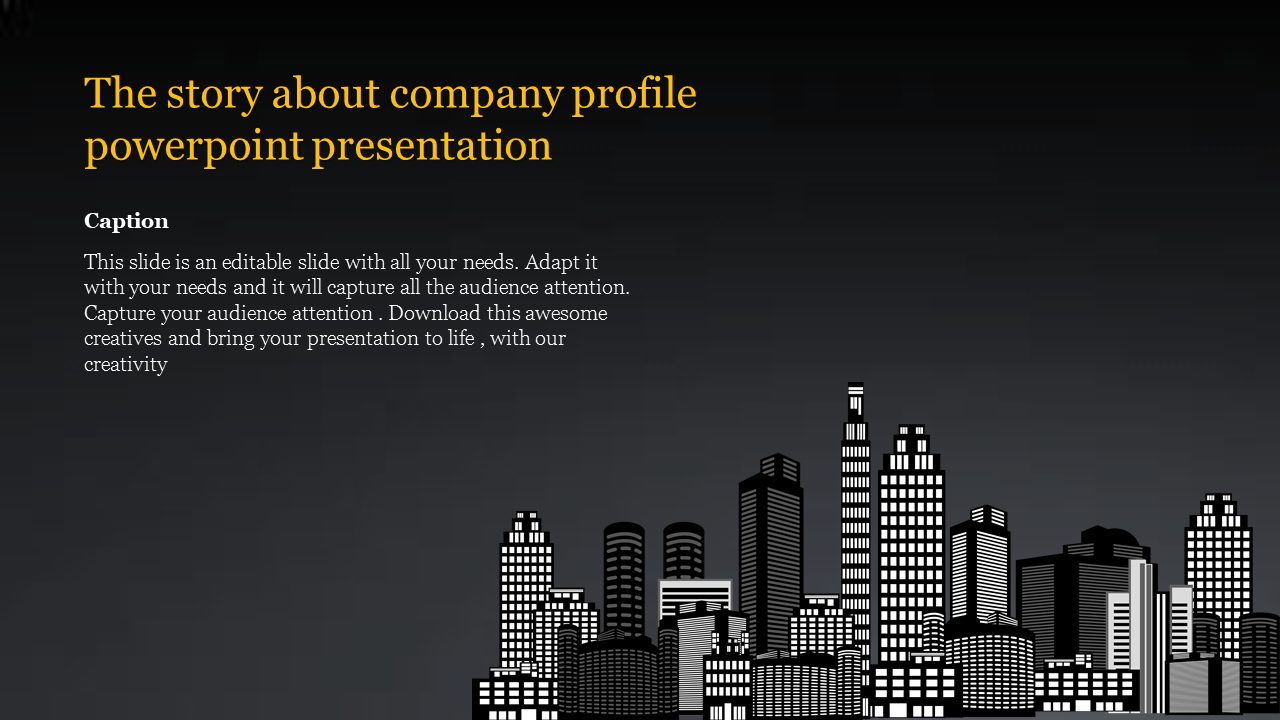 Dark themed slide with a yellow title, white caption, and a silhouette of a city skyline at the bottom.