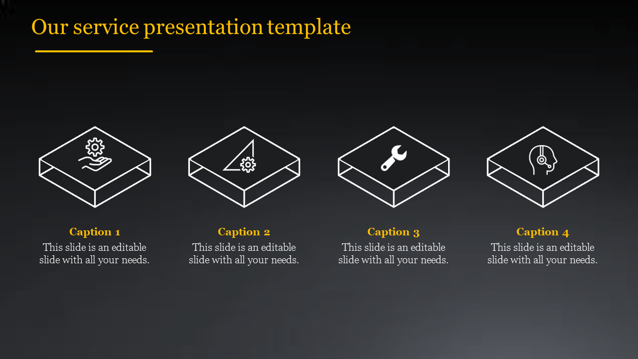 Minimalist service template with four boxed icons: gear with hands, a compass, a wrench, and a headset.