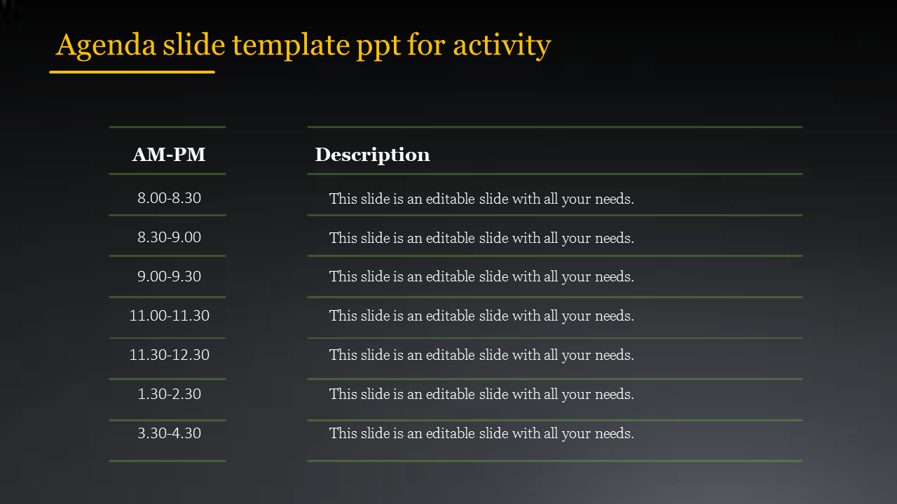 Agenda PPT slide with a schedule divided into time slots and descriptions for each.