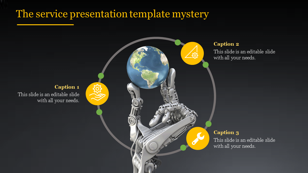 Service template with a robotic hand and globe, along with arrows and icons representing gears, navigation, and tools.