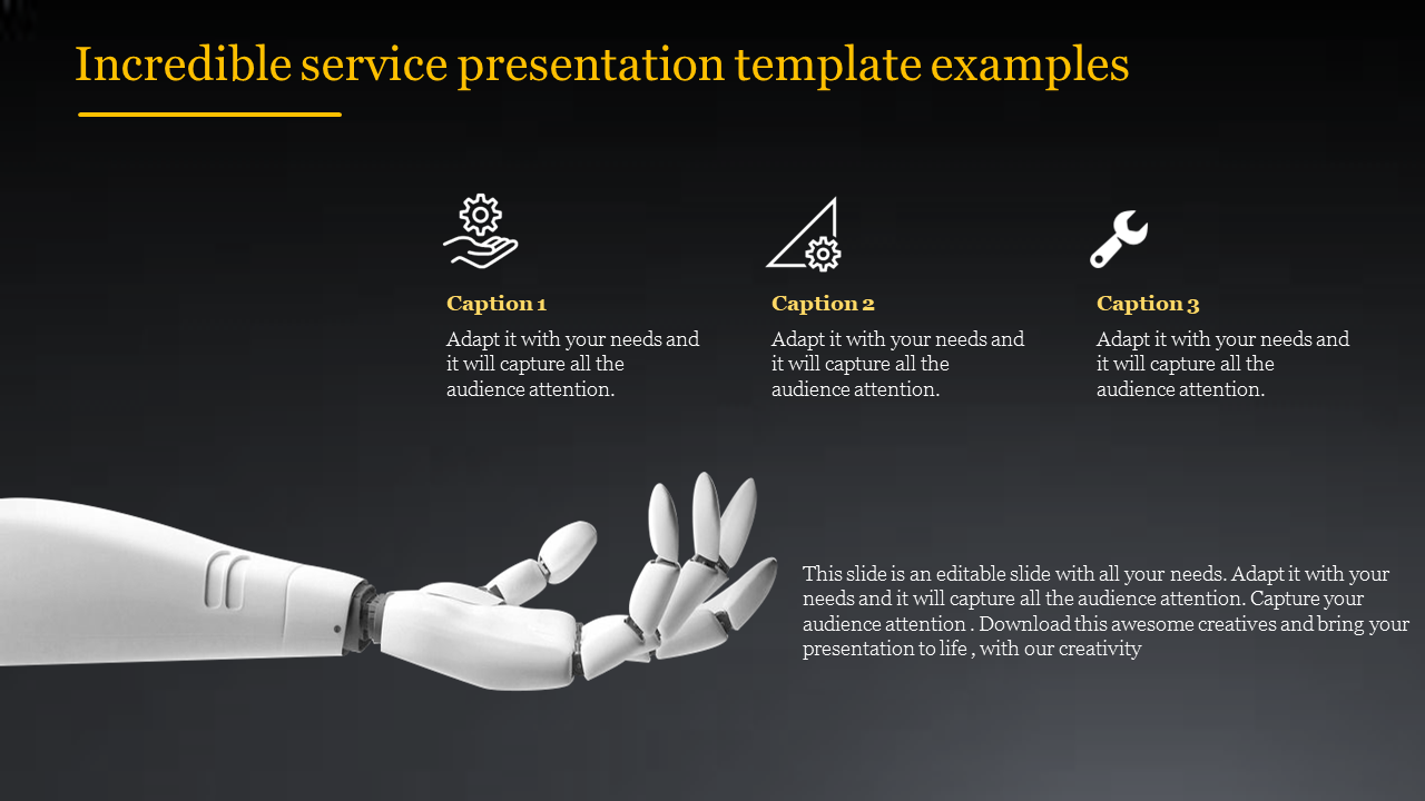 Service PPT slide with a robotic arm holding gears and tools, along with icons representing services with captions.