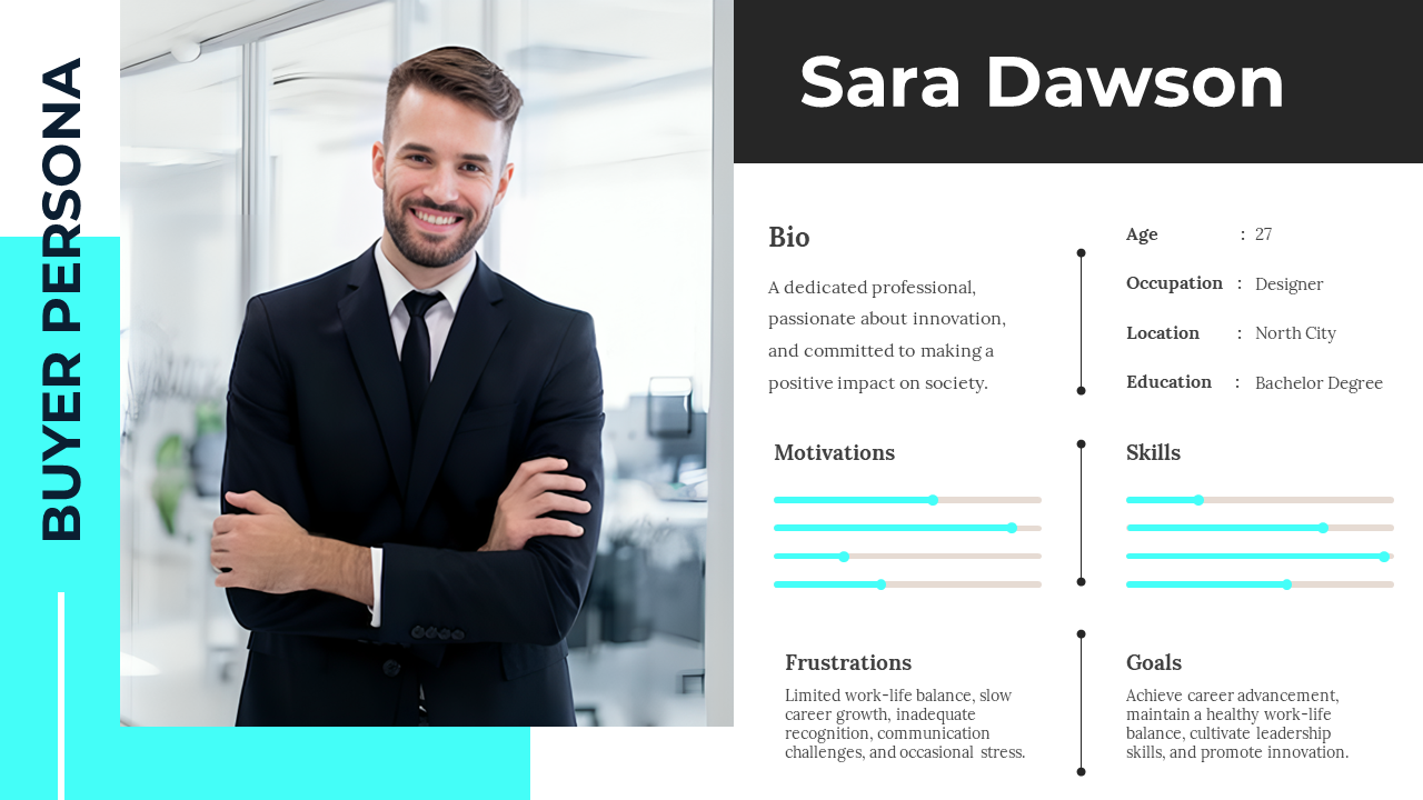 Portfolio slide with a photo of a man in a suit, and text sections for his bio, motivations, skills, and goals.