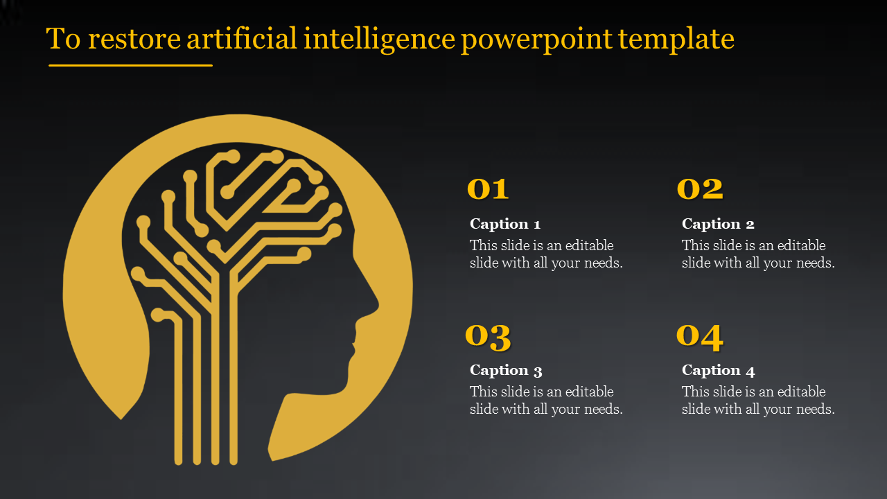 Black background slide with a silhouette of a head featuring yellow circuit lines, with four numbered captions.