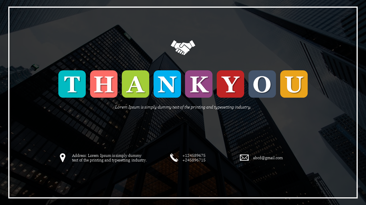 Thank you slide with colorful block letters on a cityscape background, framed in white with contact details below.