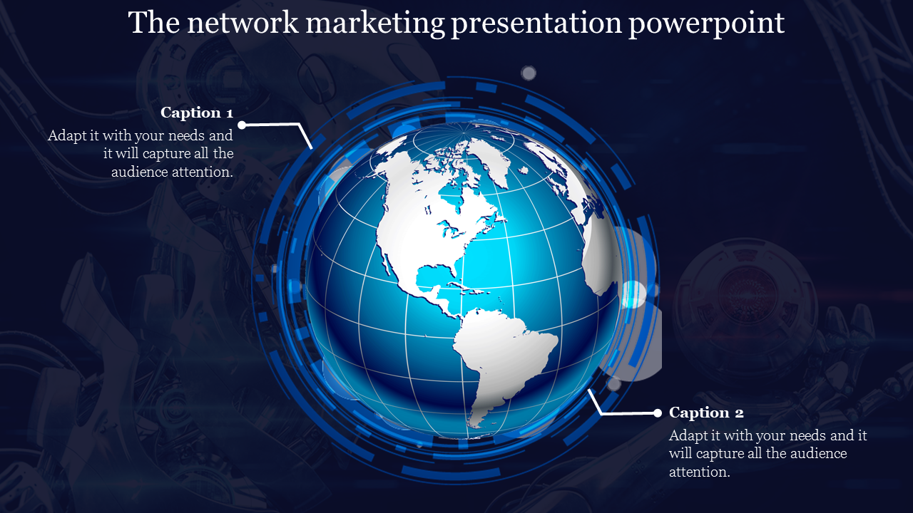 Blue digital globe highlighting network connections with captions on each side in a dark backdrop.