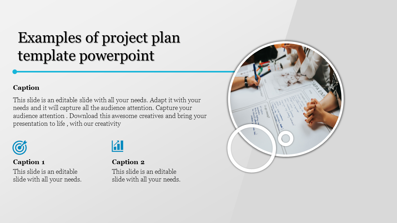 Slide featuring a circular photo people working on documents, a title, descriptive text, and two icons with captions below.