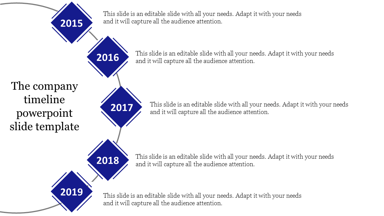 Vertical timeline with five diamond shapes in blue, labeled from 2015 to 2019, connected by a curved line.