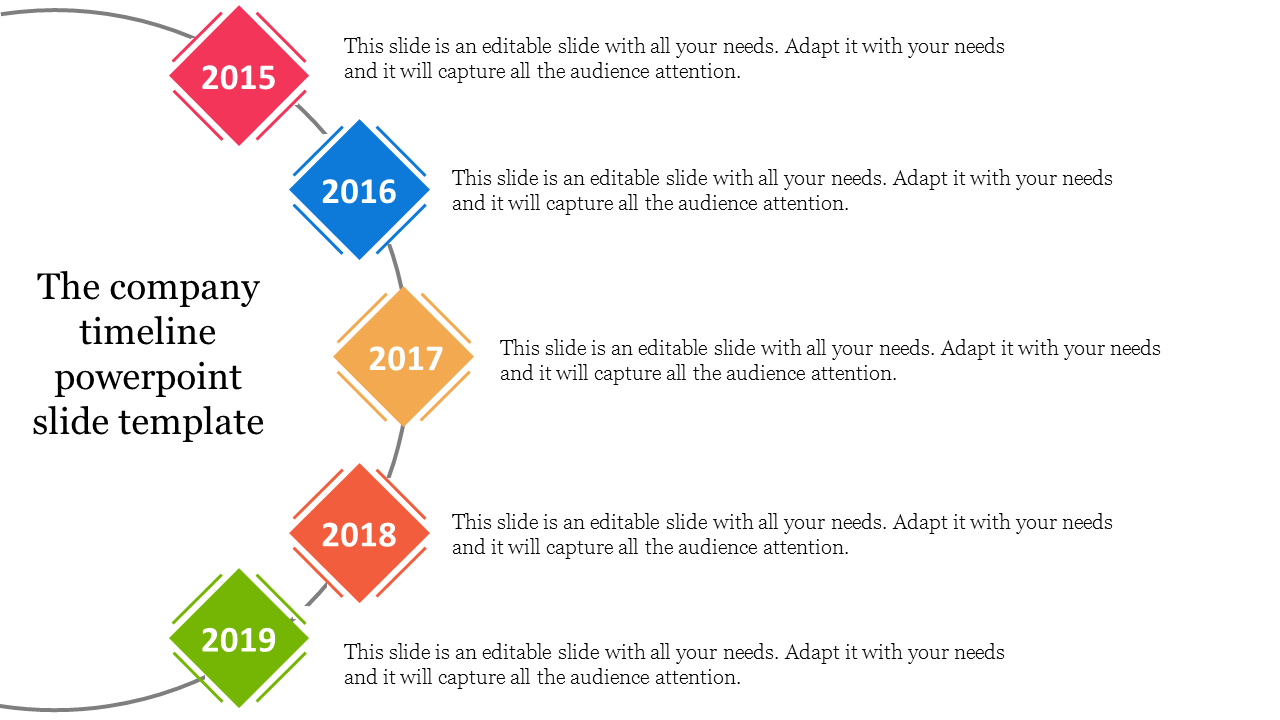 Curved company timeline with highlighted years 2015-2019 in diamond shapes and placed with captions areas.