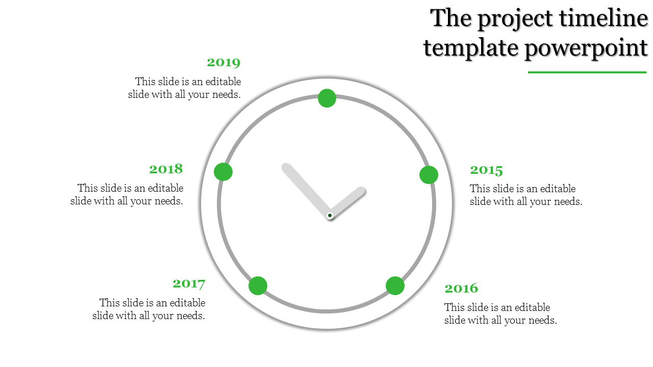 Project timeline slide with a circular clock like diagram featuring five green markers for years 2015 to 2019.