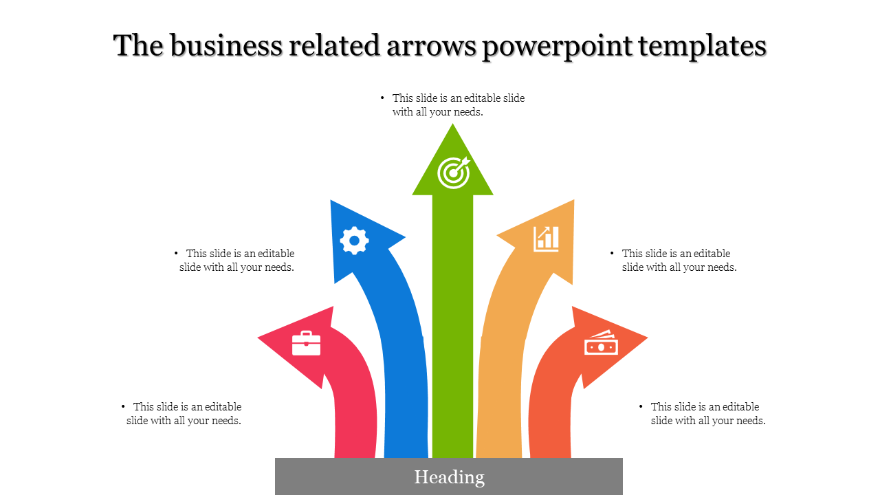 Five arrows in red, blue, green, orange, and pink with business icons, arranged in an upward layout from a gray base.